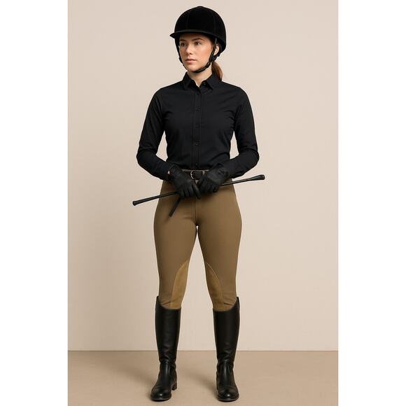 TuffRider Ladies Ribb Low-Rise Pull-On Knee Patch Breeches Taupe Size 32 - Picture 1 of 10
